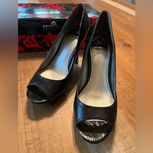 Fergalicious Black Textured Peep Toe Heels, 7.5